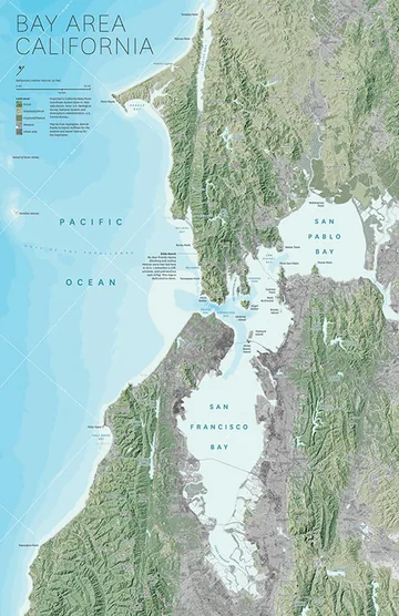 Bay Area, CA map by Evan Applegate. My first relief map; I had Daniel Huffman at my elbow and he was crucial to how cute it looked at the end.