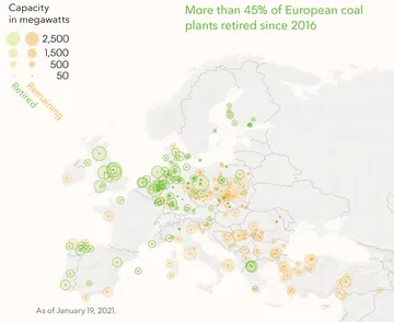 Map of coal plant closures in the U.S. and Europe for Bloomberg Philanthropies.