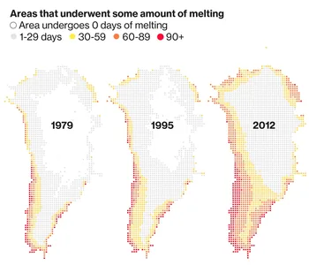Example map: areas of Greenland that underwent melting in 1979, 1995 and 2012